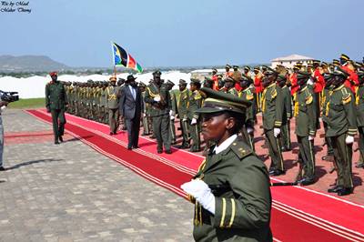 President Salva Kiir walks past SPLA reception parade during 6th command council in Juba on July 27, 2017 (ST)