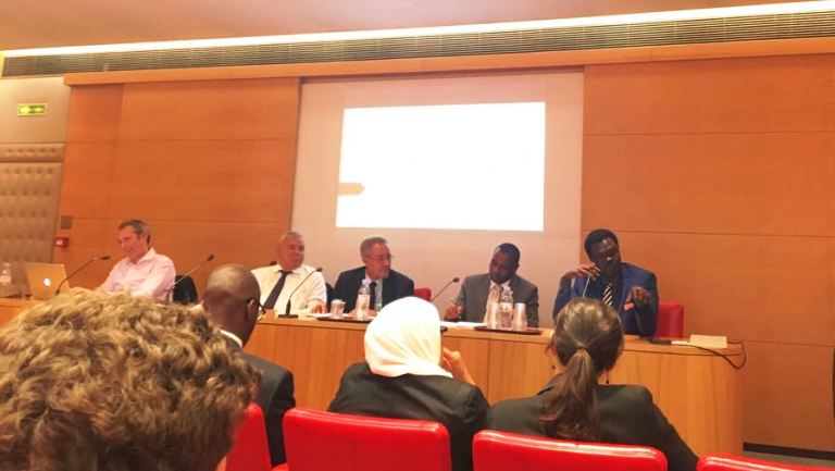 SLM Leader Minni Minnawi (L) speaks at a forum on Libya at the French Senate on 13 July 2017 (ST Photo)