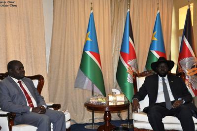 Central Upper Nile state Governor James Tor Monybuny meets President Salva Kiir in Juba, July 17, 2017 (ST)