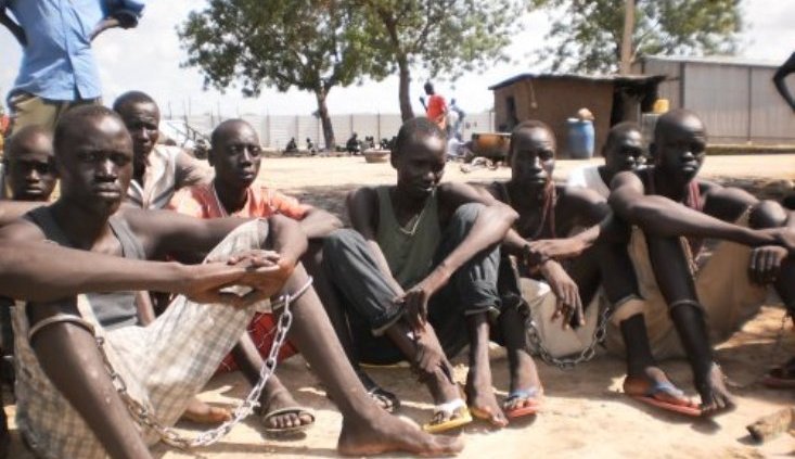 A File Picture of Group of chained prisoners at prison compound in Bentiu on 14 August 2012 (ST)