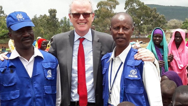 UK Special Envoy Chris Trott pose with two aid workers registering IDPs in Golo Jebel Marra on 21 August 2017 (Twitter Photo)