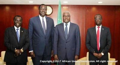 Amb. Ezekiel Lol Gatkuoth,  Presidential Envoy and Minister of Petroleum and General Akol Koor Kuc of Internal Security Bureau of the Republic of South Sudan met today August 21, 2017 His Excellency Moussa Faki Mahamat the Chairperson of African Union Commission in African Union HeadQuarters in Addis Ababa, Ethiopia and briefed His Excellency about the Implementation of the peace Agreement in the Republic of South Sudan (courtesy photo)