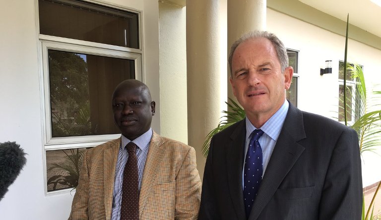 Bol Wek, the Chief Administrator in the Office of the President and UNMISS head David Shearer speaks to the press after a meeting with President Kiir on 15 September 2017 (UNMISS photo)