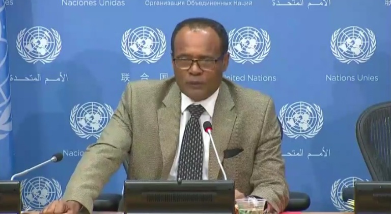Ambassador Tekeda Alemu speaking in a press conference at the UN headquarters on 1 September 2017(ST Photo)