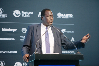 Former South Sudan's petroleum minister Ezekiel Gatkouth makes opening remarks at the Oil and Power conference in Juba, October 16, 2017 (APO)