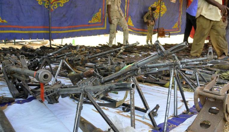 Photo taken on Sept. 23, 2017 shows weapons voluntarily surrendered by residents in South Darfur State, Sudan. (Xinhua Photo)