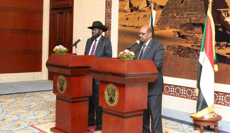 Presidents Al-Bashir (R) and Kiir  (L) talk to the media in a joint press conference in Khartoum on 2 Nov 2017 (ST Photo)