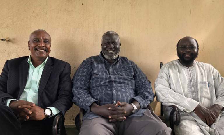SPLM-N leader Malok Agar (C) with his deputy Yasir Arman on his right and secretary general Ismail Jabab on his left on 16 November 2017 (ST)