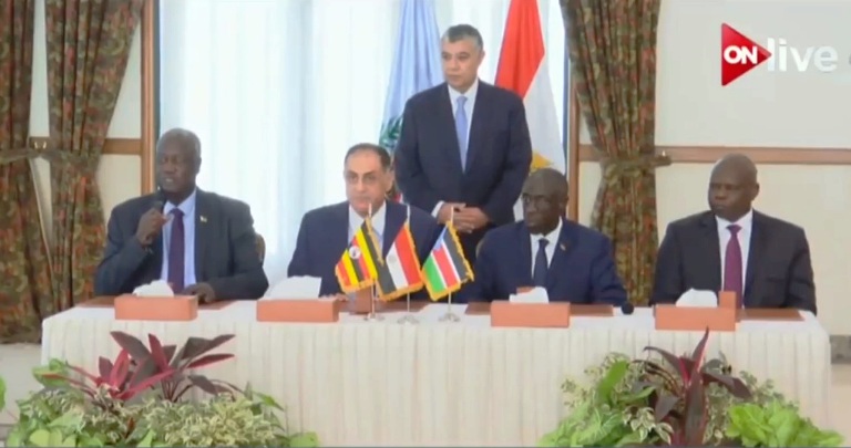 A screenshot from Al-Arabi TV for the signing ceremony of the Cairo agreement for the reunification of the SPLM factions on 16 Nov 2017