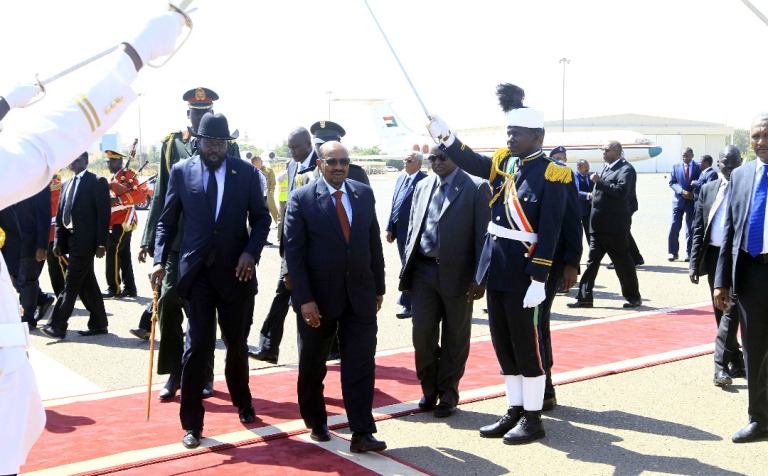 South Sudan President Salva Kiir is welcomed by President Omer al-Bashir at his arrival to Khartoum on 1 November 2017 (ST Photo)
