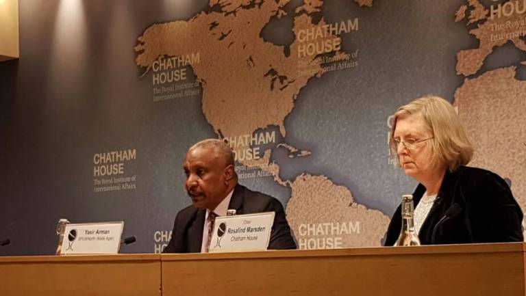 SPLM-N Agar deputy chairman Yasir Arman speaks at Chatham House in London on 17 January 2018 (ST Photo)
