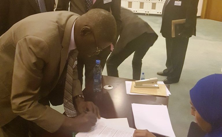 SPLM-IO Deputy leader signs the Declaration of Principles for the peace revitalization process in Addis Ababa on 9 February 2018 (Photo Mabior Garang)