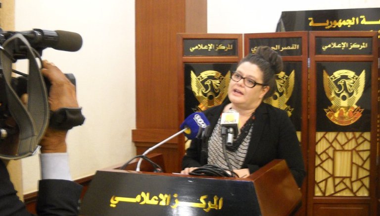 French Ambassador to Khartoum Emmanuelle Blatman speaks to the press after a meeting with the FVP Bakri Hassan Saleh (ST Photo)