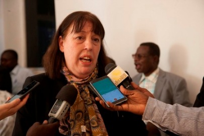 Special Representative of the Secretary-General for Children and Armed Conflict, Virginia Gamba, speaks to reporters in El Fasher, on 27 Feb 2018 (UNAMID Photo)