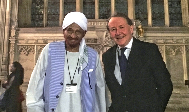 NUP leader Sadiq al-Mahdi and Lord Alton outside the House of Commons in London on 22 March 2018 (ST Photo)