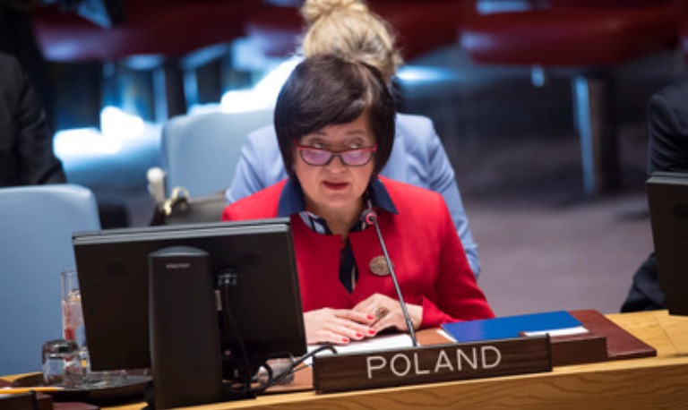 Joanna Wronecka, Permanent Representative of the Republic of Poland to the UN and Chair of Sudan ans S. Sudan Sanctions Committees, briefs the Council on 14 March 2018 (UN Photo)