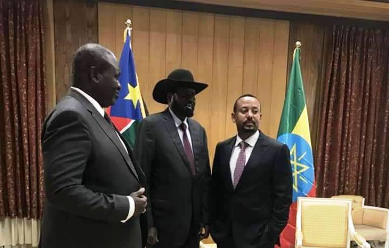 Ethiopa's PM Abiy Ahmed (R) President Salva Kiir ((C) and SPLM-IO leader (Photo Ethiopia Govt)
