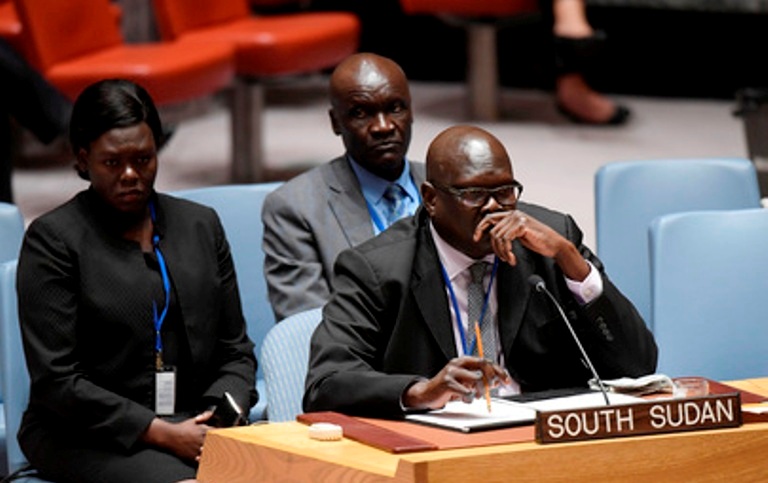 Akuei Bona Malwal, Permanent Representative of the Republic of South Sudan to the UN, takes part in the meeting. on 31 May 2018  (Photo UN)