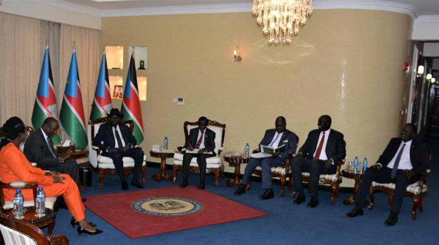 South Sudan leadership receives a briefing from negotiating team in Juba on 20 July 2018 (ST Photo)