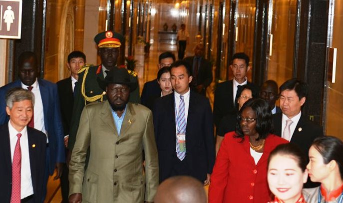 President Salva Kiir arrives in Beijing for China Africa annual meeting on 28 August 2018 (Photo Moses Lomayat)
