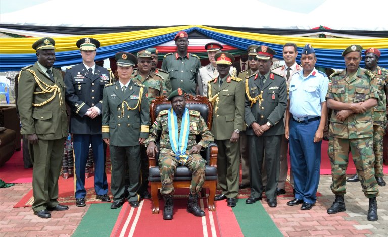 President kiir poses with army generals and foreign attachés military after being awarded Seven medals on 18 October 2018 (ST Photo)