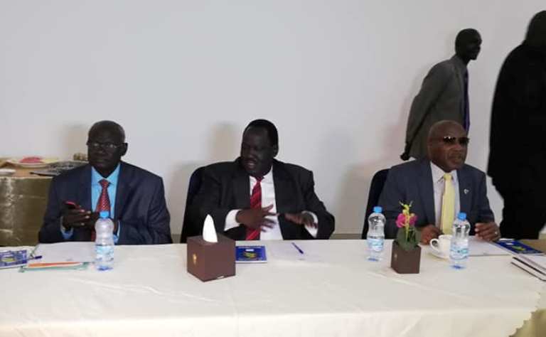 Fromthe left Gabriel Changson, Tut Gatluak and  Augostino Njoroge attend a NPTC meeting in Juba on 7 Nov. 2018 (Photo SS Information Ministry)