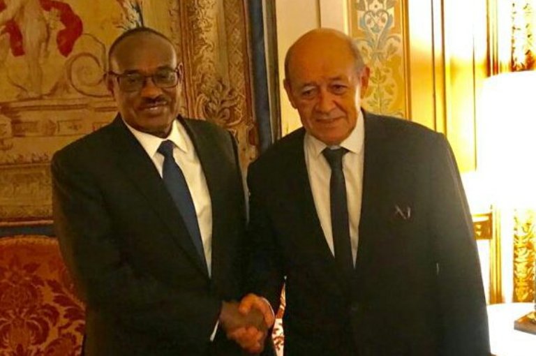 Jean Yves Le Drian shakes hands with Dirdeiry Ahmed in Paris on 20 Nov 2018 (Photo MEAF)