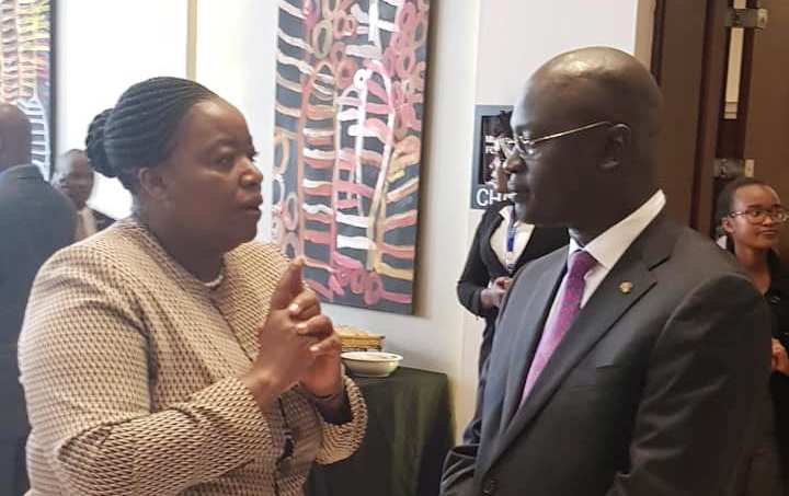 South Sudan Ambassador to Kenya Chol Ajongo discusses  with Kenyan Foreign Minister Monica Juma at a reception held in Nairobi on 20 June 2018 (Photo SS Mission in Kenya)