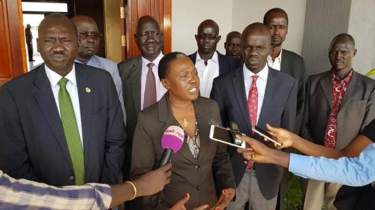 SPLA-IO Chairperson of National Committee for Defence and Security Cde Angelina Teny speaks to the media in Juba on 20 Dec 2018 (ST Photo)