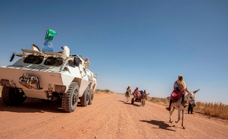 UNAMID Armored Personnel Carrier (APC) during a routine patrol near Tabit area, North Darfur on 25 November 2018 (UNAMID Photo)