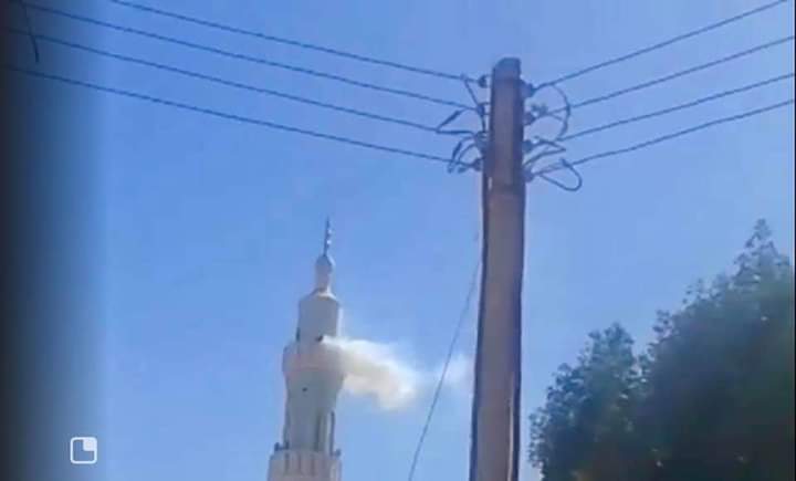 A tear gas volley fired by the riot police to the minaret of Wad Nubawi mosque on 11 January 2019 (ST photo)