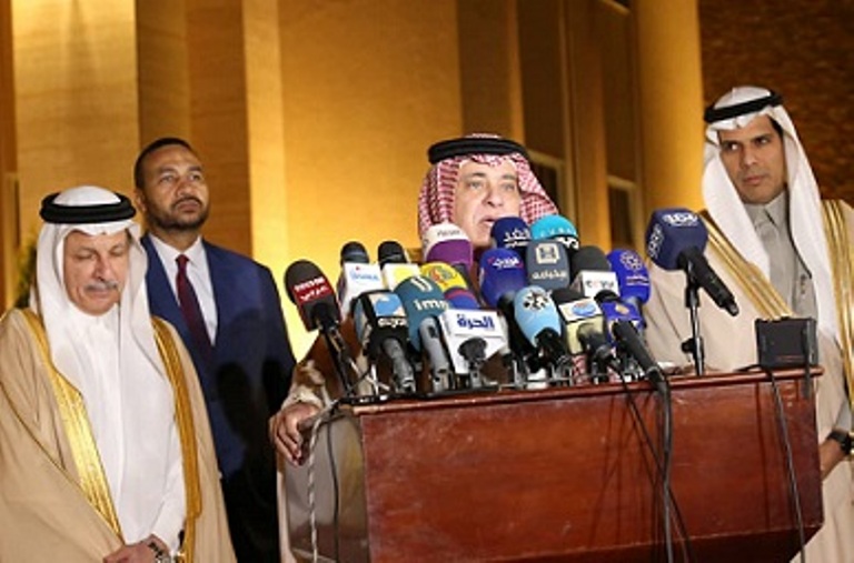 Saudi Commerce Minister Al-Qasabi talks to the press after a meeting with Sudanese president on 24 Jan 2019 (ST Photo)