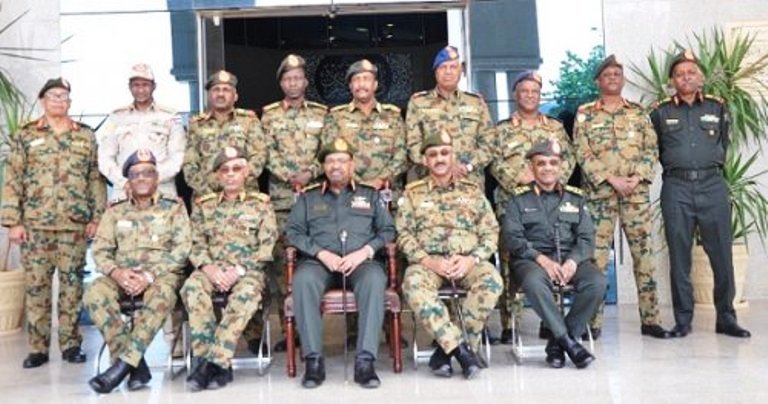 President Omer al-Bashir (C) with the new army command on 26 Feb 2019 (ST photo)