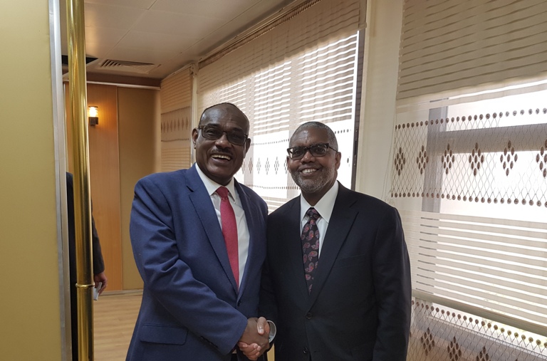 Sudan’s Foreign Minister Dirdeiry Ahmed shakes hands with Cyril Sartor in Khartoum on 19 Feb 2019 (ST Photo)