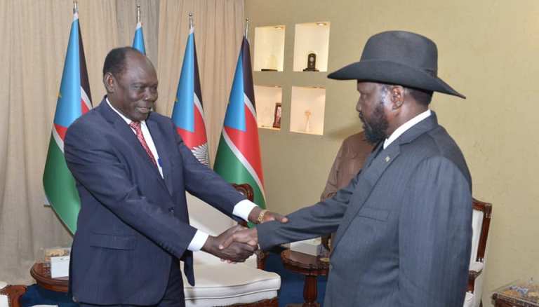 Lewis Anei Madut shakes hands with president Kiir on 20 Feb 2019 (SSPPU photo)