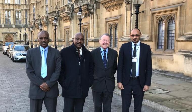 From the right Mohamed al Ansari, NUP-UK, Lord Alton, Yasir Aman and Mohamed Bashir of SLM-MM outside the House of Commons, London on 14 February 2019 (ST Photo)