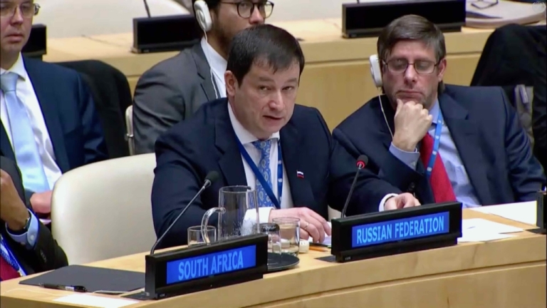 Russia's First Deputy Permanent Representative Dmitry Polyanskiy speaks at the Security Council on 15 March 2019 (UN Photo)