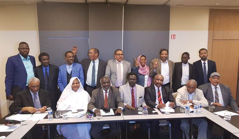 Sudan Call leaders pose at the end of a joint press conference in Paris on 20 March 2019 (ST photo)