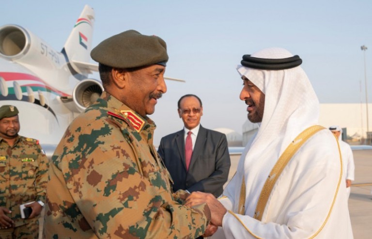 MBZ Crown Prince of Abu Dhabi receives Sudan's TMC al-Burhan up on his arrival to Abu Dhabi on 26  May 2019 (Photo WAM)