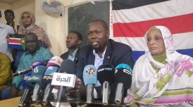 Mubarak Ardol, SPLM-N Agar spokesperson speaks to the press at the sit-in square outside the army headquarters in Khartoum on 11 May 2019 (ST photo)g