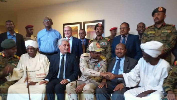 TMC deputy leader Hemetti shakes hand with opposition leaders after the agreement on Sudan transitional authority on 5 July 2019 (ST Photo)