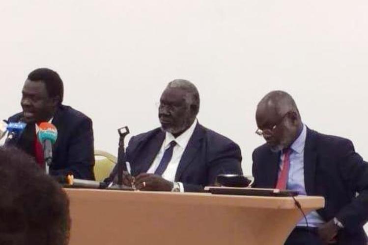 SLM Minni Minnawi, SPLM-N Malik Agar and JEM Gibril Ibrahim speak to reporters in Addis Ababa on 17 July 2019 (ST photo)