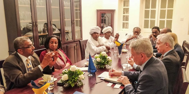 Pekka Haavisto meeting FFC delegates during his visit to Khartoum from 10 to 11 July 2019