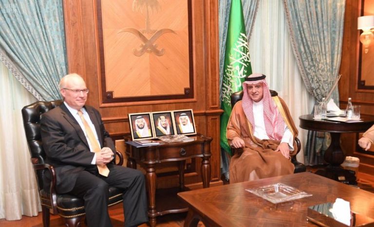Saudi Statet FM Adel Al Jebeir receive Timothy Lenderking US deputy assistant for Gulf and US envoy for Sudan Bonald Booth, unseen, on 17 July 2019 (Photo SPA)