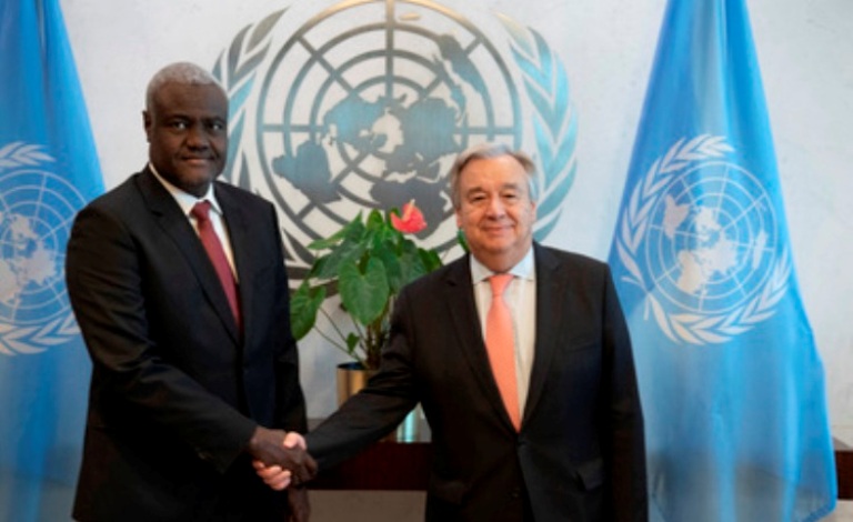 UN Antonio Guterres shakes hands with AU Chairperson Moussa Faki on 6 May 2019 (UN photo)