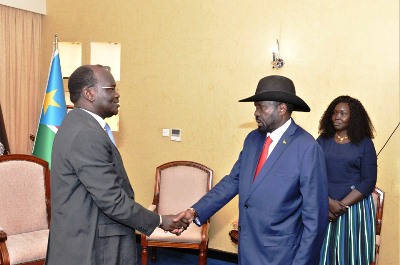 South Sudan’s Maiwut state governor, Bol Ruach Rom meets President Salva Kiir in Juba, September 16, 2019 (PPU)