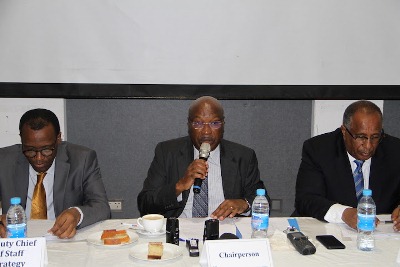 RJMEC Interim Chairperson H.E Ambassador Lt .Gen. Augostino Njoroge (Center) delivers his statement during the meeting. With him are RJMEC Chief of Staff, Ambassador Berhanu Kebede (right) and Deputy Chief of Staff-Strategy, Dr. Thomson Fontaine, September 12, 2019 (RJMEC photo)