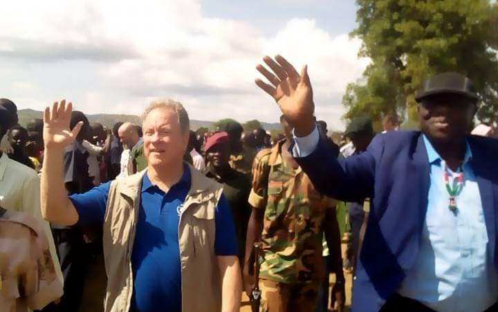 David Beasley WFP chief (L) received by SPLM-N leader Abdel Azizal Hilu after his arrival to Kauda on 22 Oct 2019 (Abbas Issa/ST Photo)