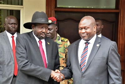 President Salva Kiir and opposition leader Riek Machar in Juba, October 20, 2019 (PPU)