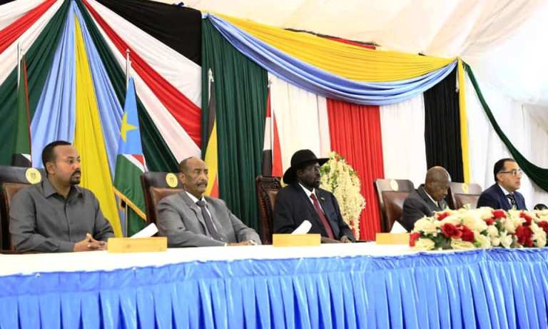Leaders of Ethiopia, Sudan, South Sudan, Uganda and Egypt at the opening sessions of Sudan peace process in Juba on 14 October 2019 (Sovereign Council Photo)